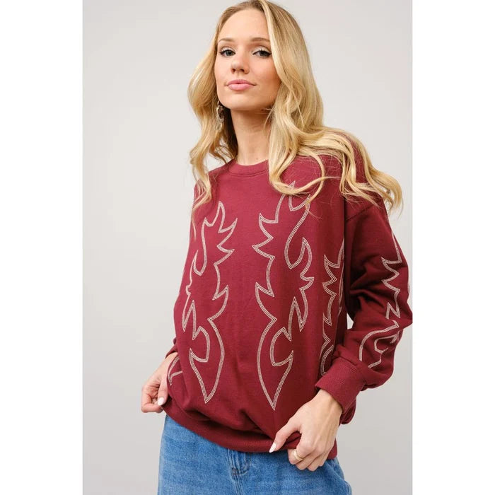 Blue B Western Boot Stitch Embroidered Pullover Sweatshirt- Multiple Colours