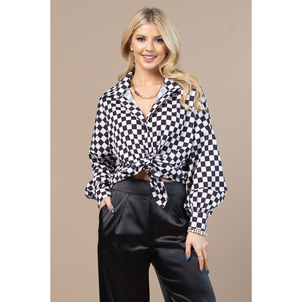 Nylon Apparel Women's Checker Print Collar Long Sleeve Shirt - Multi