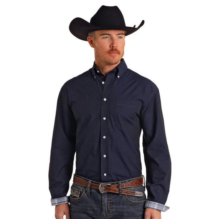 Panhandle Men's Dobby Long Sleeve Shirt- Navy