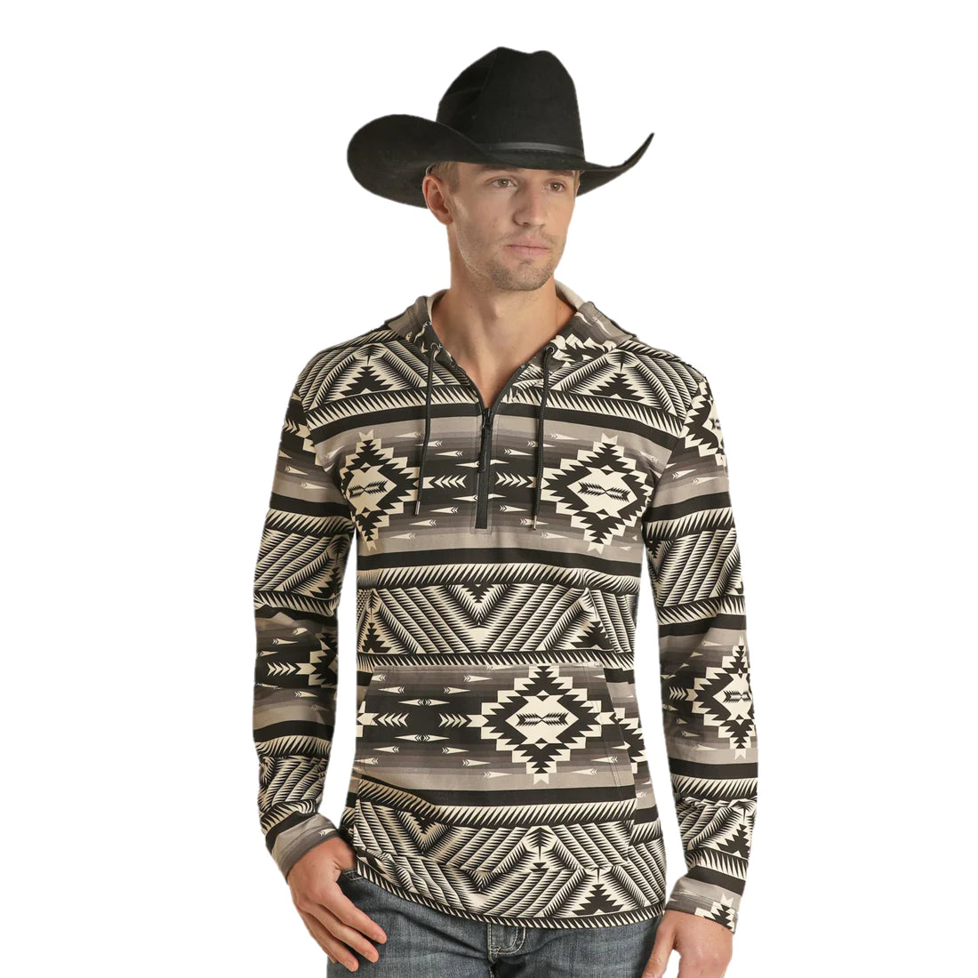 Men's Aztec Rock & Roll Printed Fleece Hoodie- Black