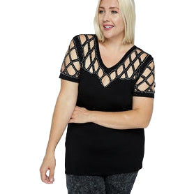 Women's Short Sleeve Top with Laser cut and Stones