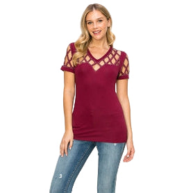 Women's Short Sleeve Top with Laser cut and Stones