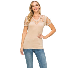 Women's Short Sleeve Top with Laser cut and Stones