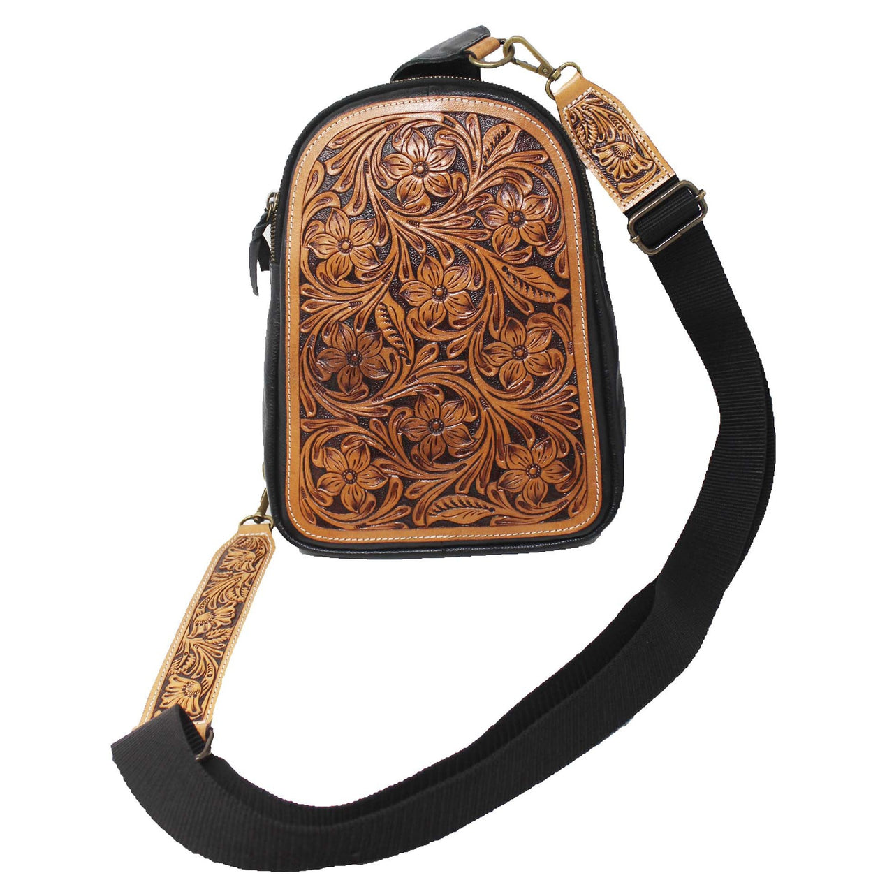 Western Floral Tooled Pebbled Crossbody Sling Bag- Black