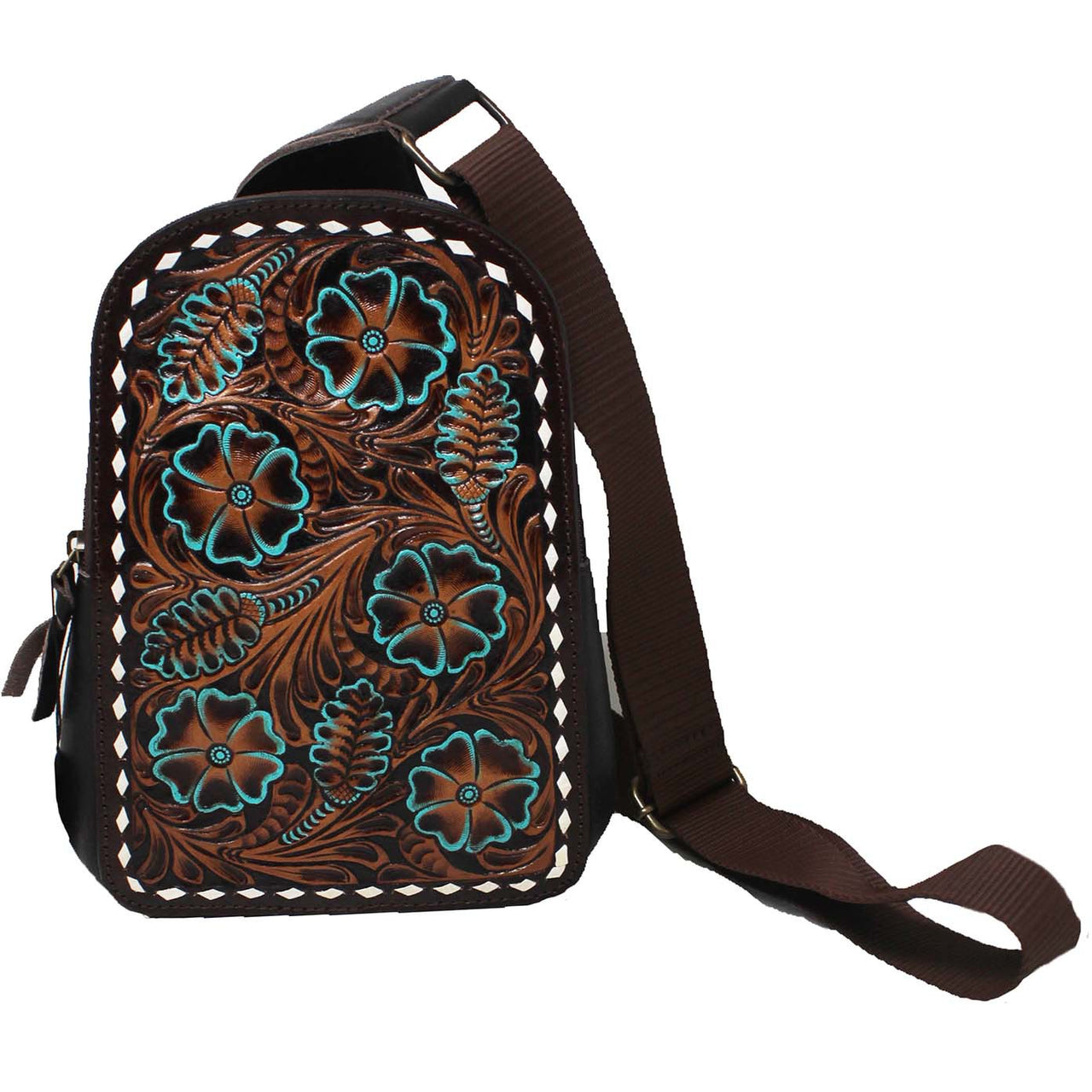 Western Floral Tooled Pebbled Crossbody Sling Bag- Black