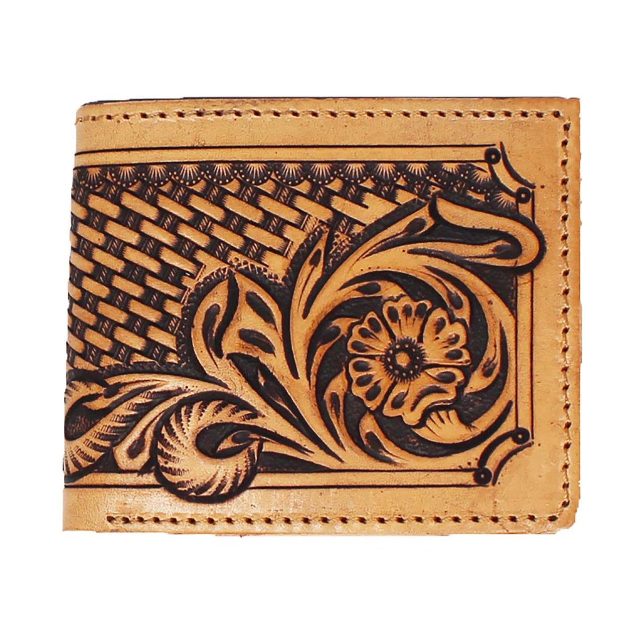 Men's Western Floral Basket Weave Tooled Leather Bi-Fold Wallet - Tan