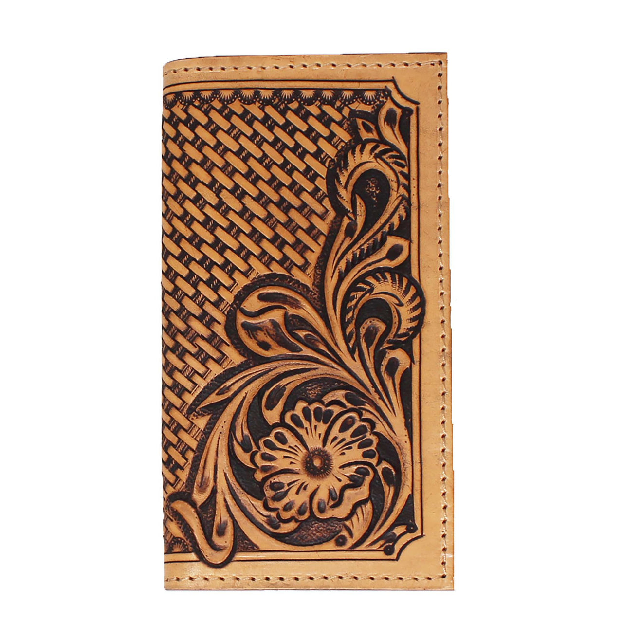 Men's Western Floral Basket Weave Tooled Leather Rodeo Wallet - Tan