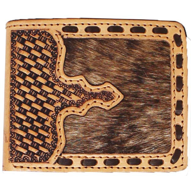 Men's Western Cowhide Basket Weave Tooled Leather Bi-Fold Wallet - Cowhide/Tan