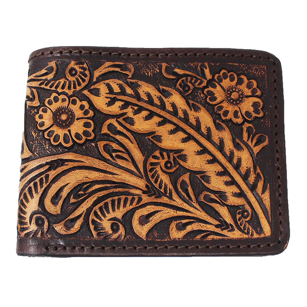 Men's Western Antique Feather Floral Tooled Leather Bi-Fold Wallet - Dark Brown