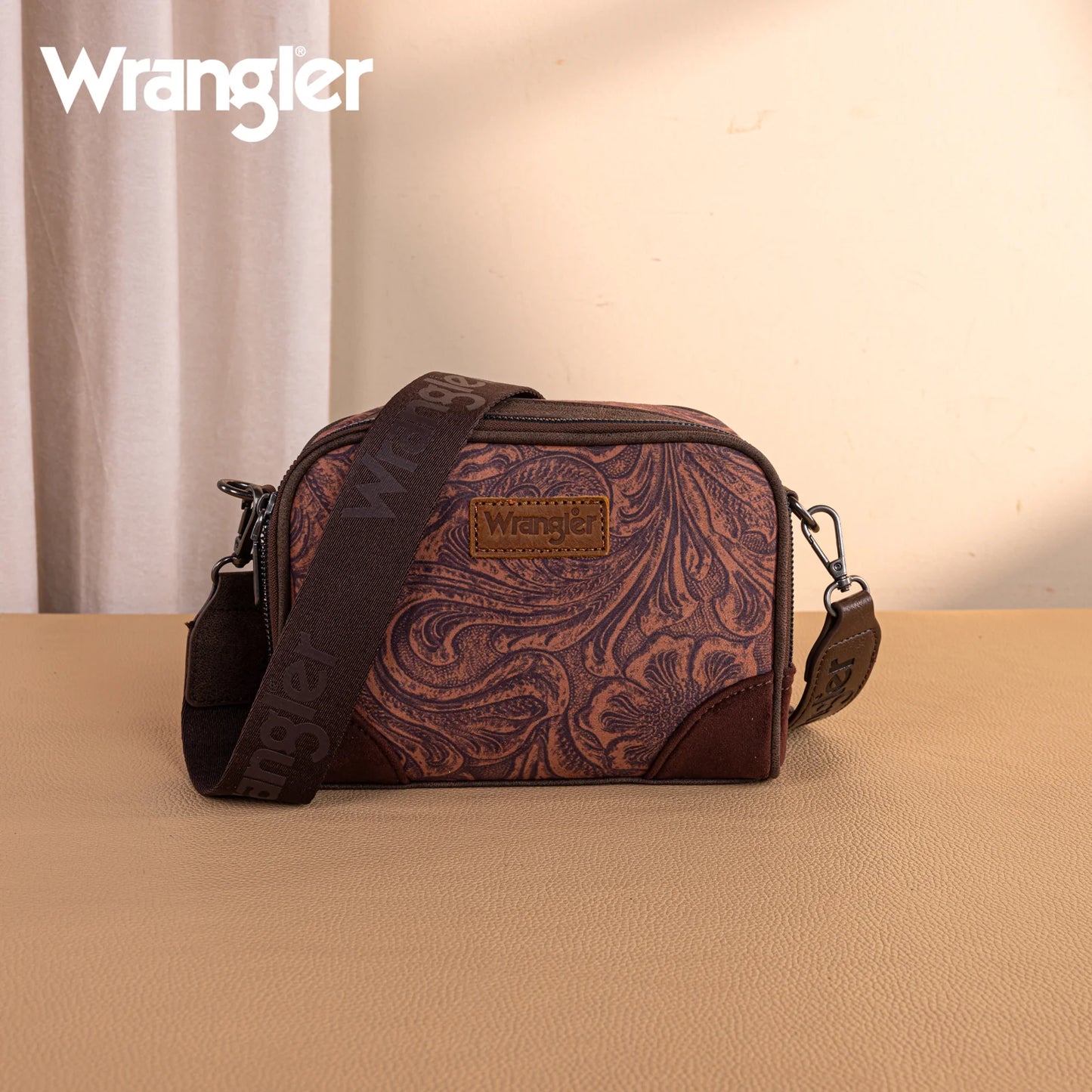 Wrangler Vintage Floral Printed Small Crossbody Bag- Coffee