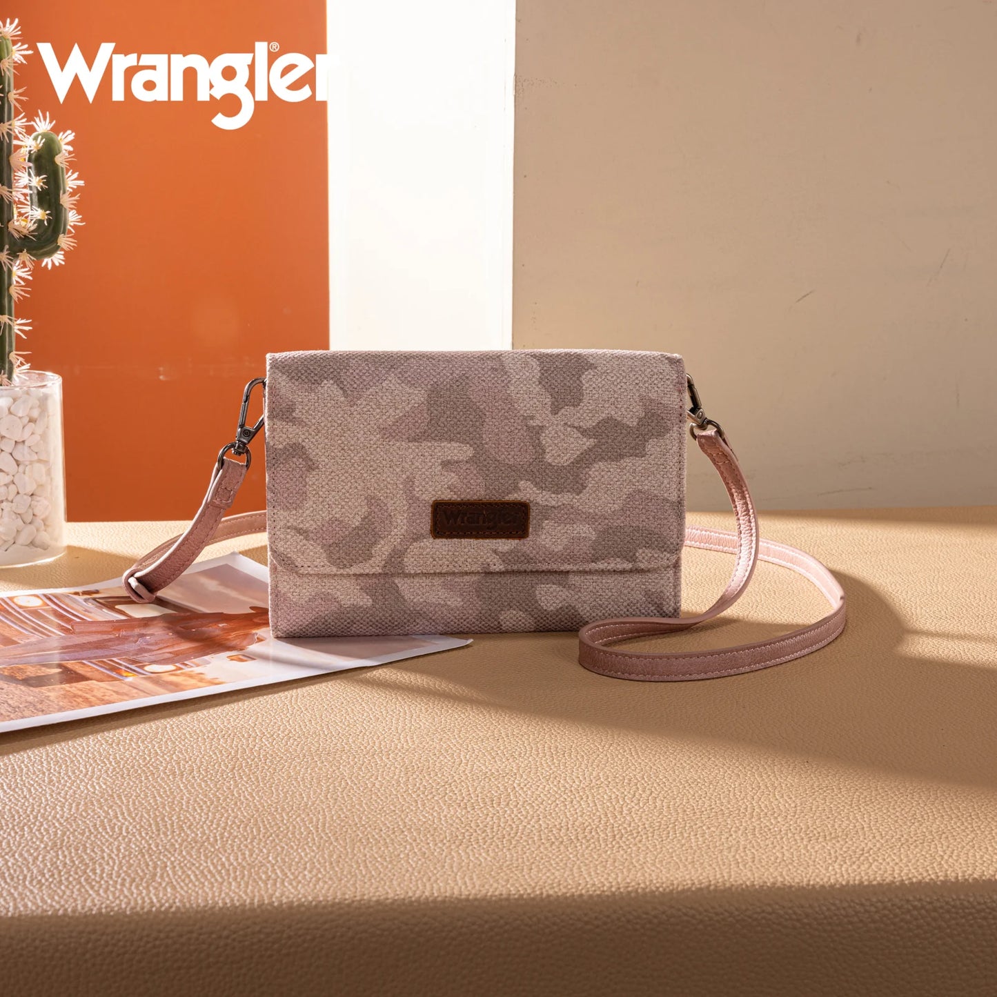 Wrangler Camo Print Canvas Clutch Crossbody Bag- Pink