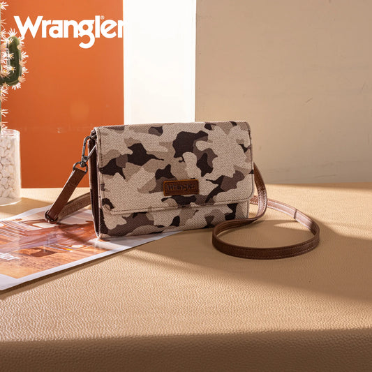 Wrangler Camo Print Canvas Clutch Crossbody Bag- Brown