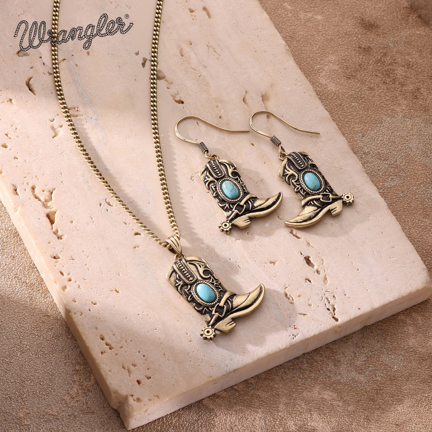Wrangler Silver Boots Pendant Necklace and Earrings Set- Turquoise