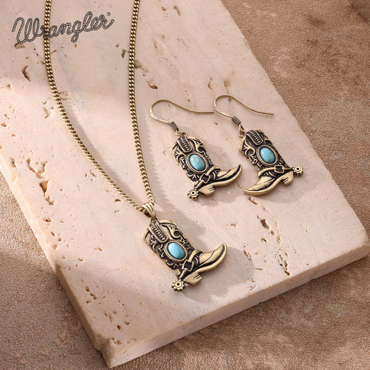 Wrangler Silver Boots Pendant Necklace and Earrings Set- Turquoise