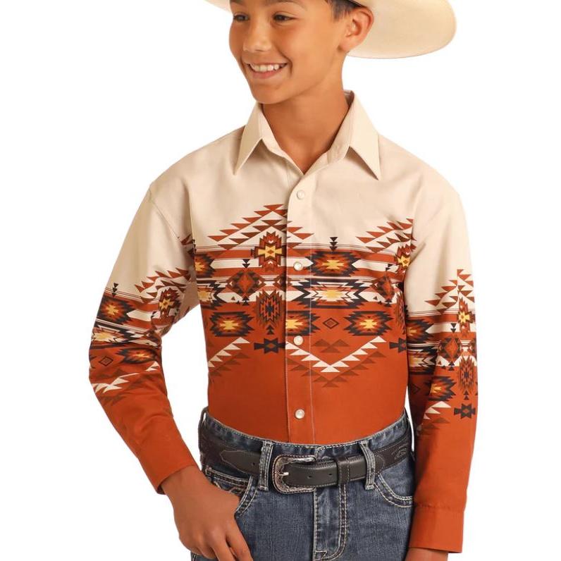 Panhandle Boys Long Sleeve Aztec Border Shirt-Rust