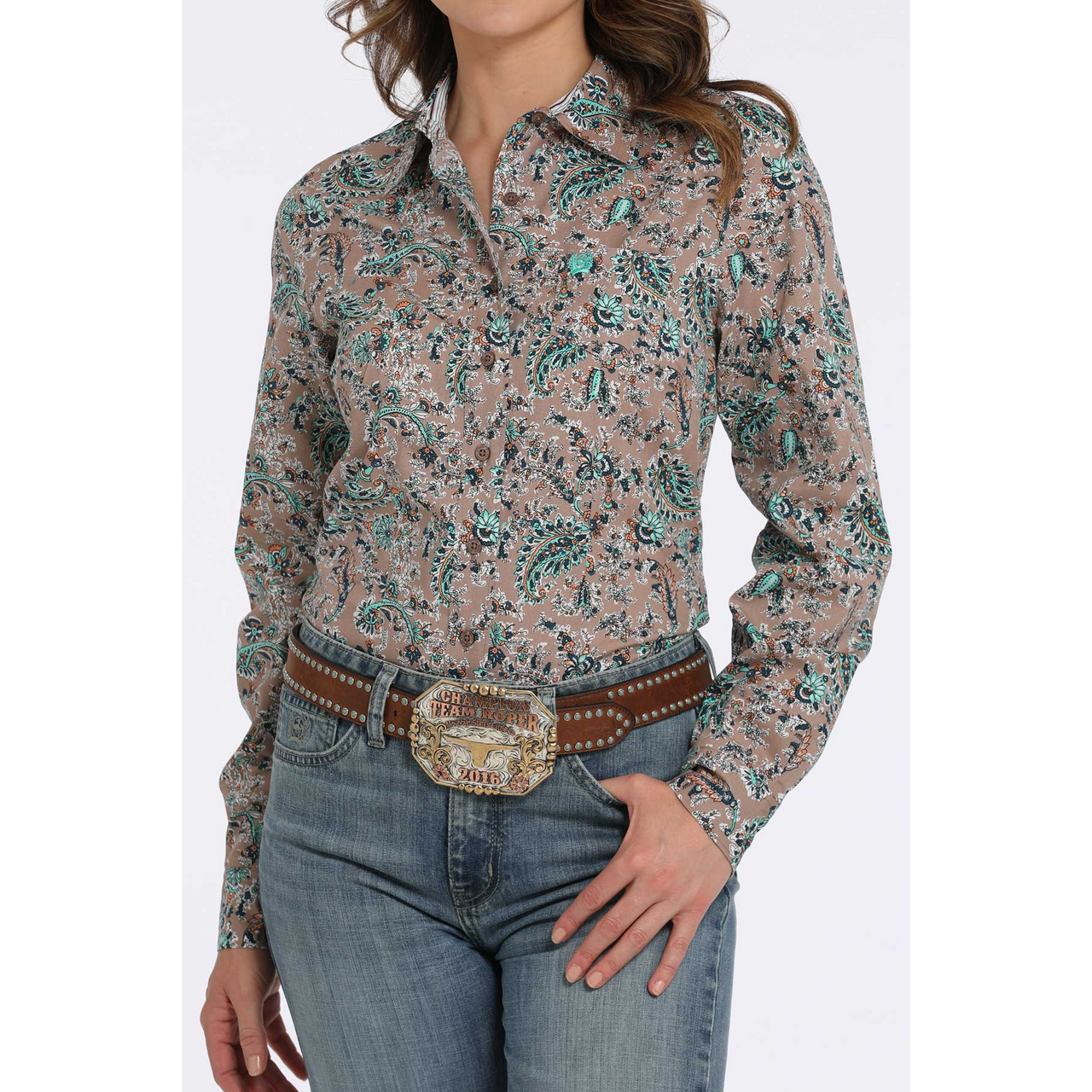 Cinch Women's Long Sleeve Paisley Print Arenaflex Shirt- Brown