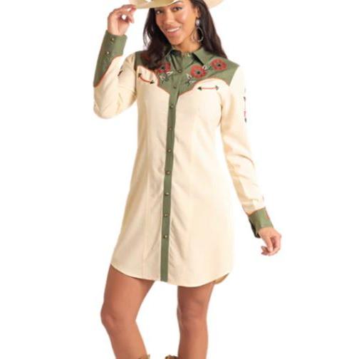 Panhandle Women's Long Sleeve Retro Snap Dress With Embroidery- Ecru