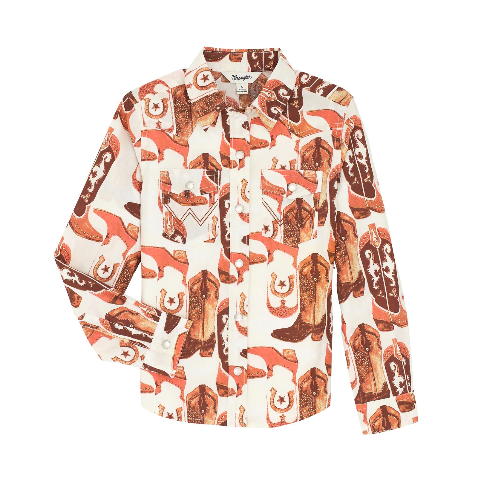 Wrangler Western Girl's Long Sleeve Boot Print Western Shirt- Pink - Irvine Tack & Western Wear