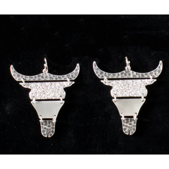 Silver Strike Hinged Cow Skull Earrings- Silver