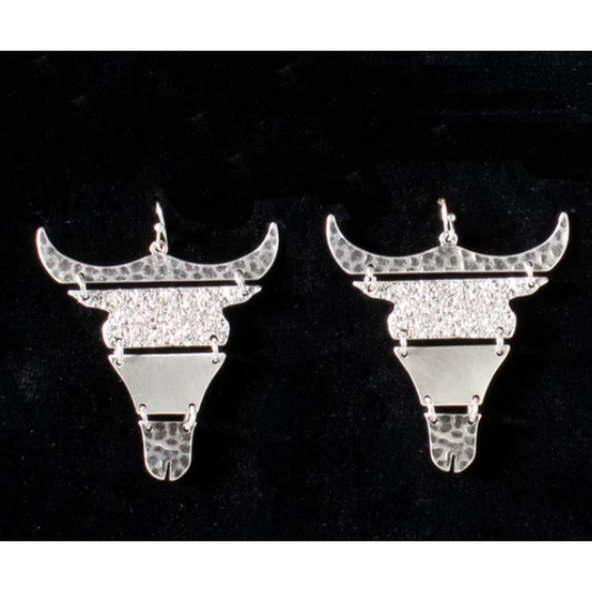 Silver Strike Hinged Cow Skull Earrings- Silver