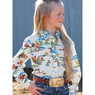 Cinch Girl's Long Sleeve Button-Down Print Shirt- Cream