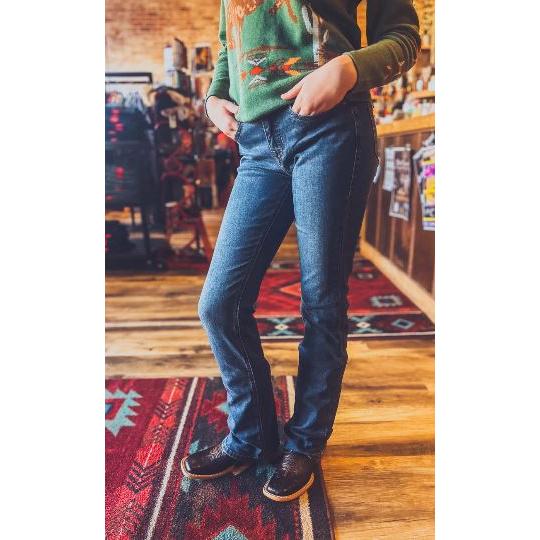Rock & Roll Women's High Rise Embroidered Boot Stitch Jean- Medium Wash
