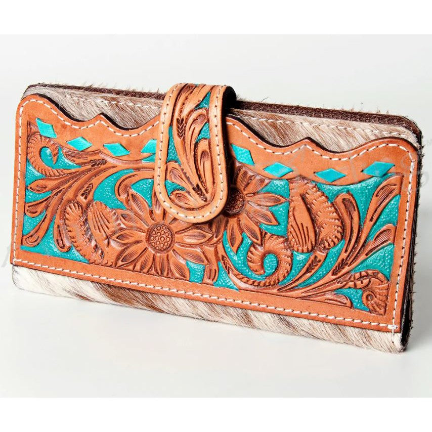 American Darling Women's Hand-Tooled Hair-On Wallet - Tan /Black/Turquoise