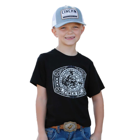 Cinch Boy's Short Sleeve Cinch Up Belt Buckle Graphic Tee Shirt- Black