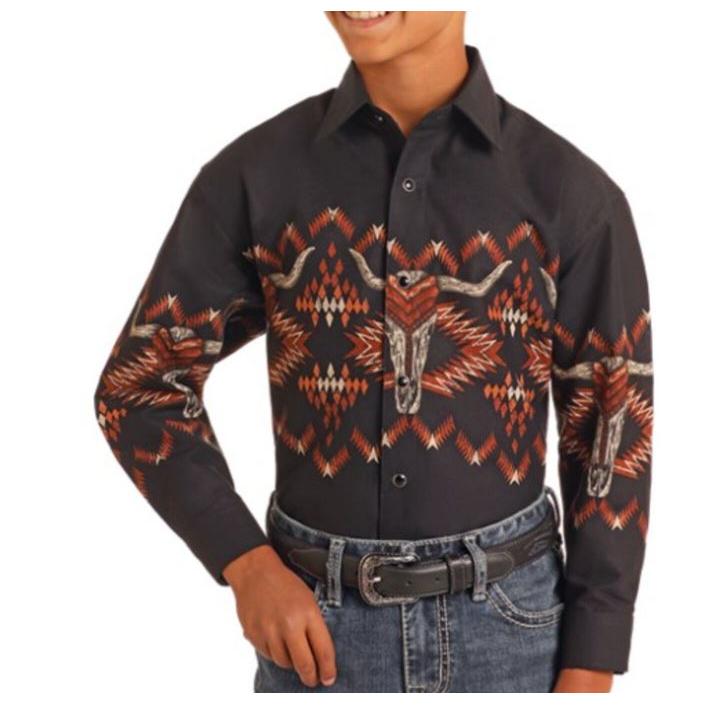 Panhandle Boy's Long Sleeve Border Print Long Horn Shirt- Black
