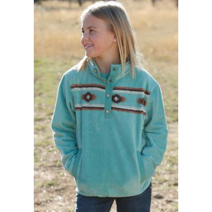 Cinch Girl's Long Sleeve Fleece Pullover- Turquoise