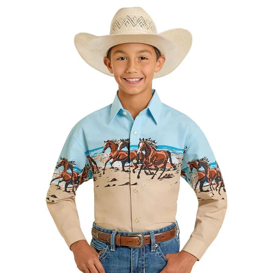 Panhandle Boy's Long Sleeve Horses and Beach Border Shirt- Tan