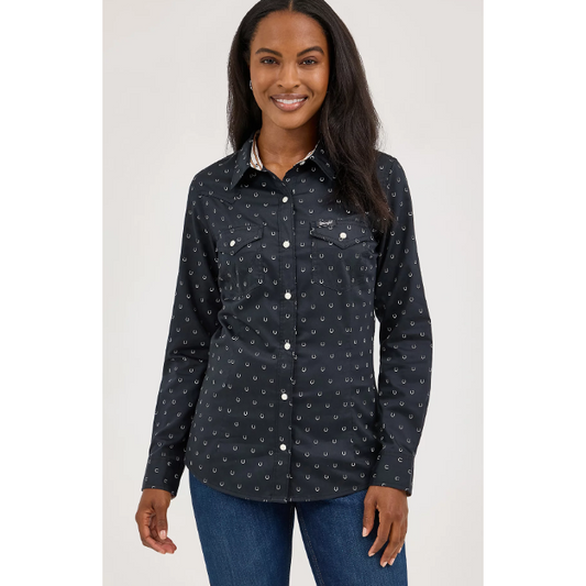 Wrangler Women's Long Sleeve All Occasion Snap Shirt- Horseshoe Black