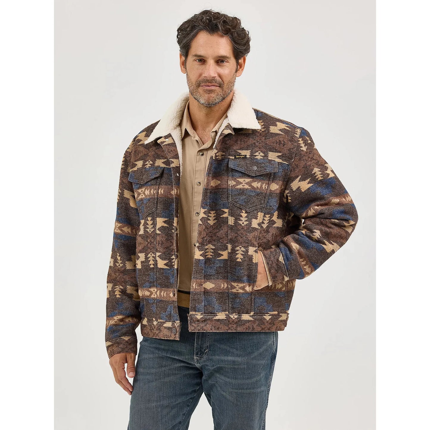 Wrangler Men's Sherpa Lined Long Sleeve Jacquard Print Jacket- Chocolate Torte