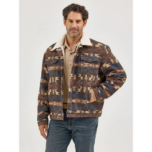 Wrangler Men's Sherpa Lined Long Sleeve Jacquard Print Jacket- Chocolate Torte
