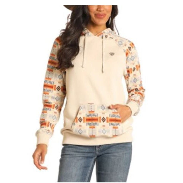 Rock & Roll Contrast Sleeve Hoodie- Tan