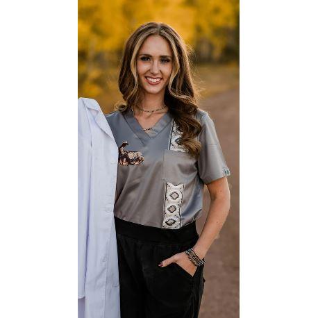 Spurrin' Scrubs Grey Cowboy Scrub Top
