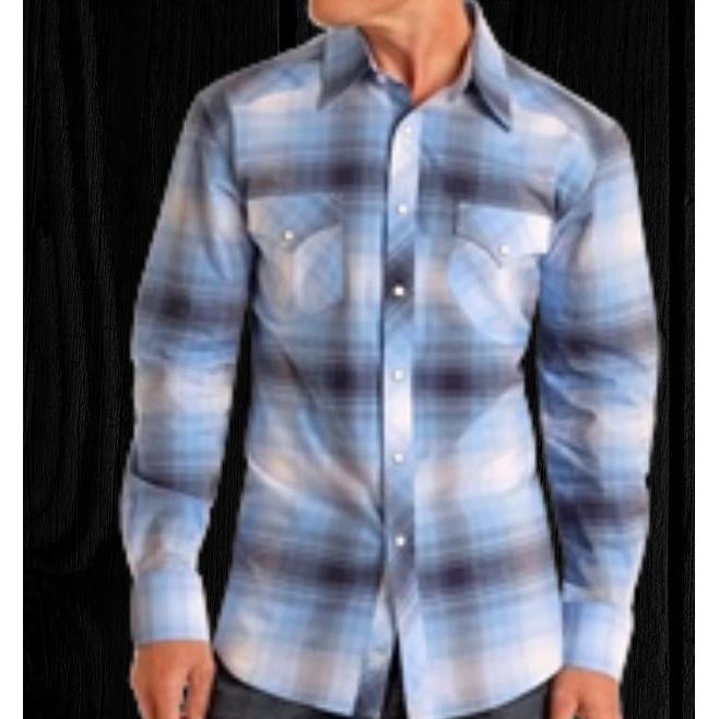 Rock & Roll Men's Long Sleeve Plaid Dobby Snap Shirt- Bright Turquoise
