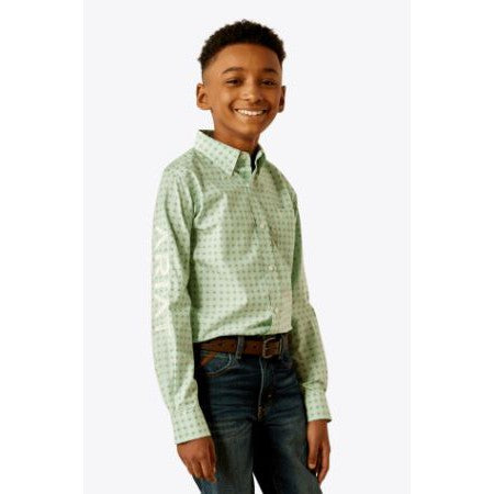 Ariat Boy's Long Sleeve Team Pierson Classic Fit Shirt- Light Green/ White