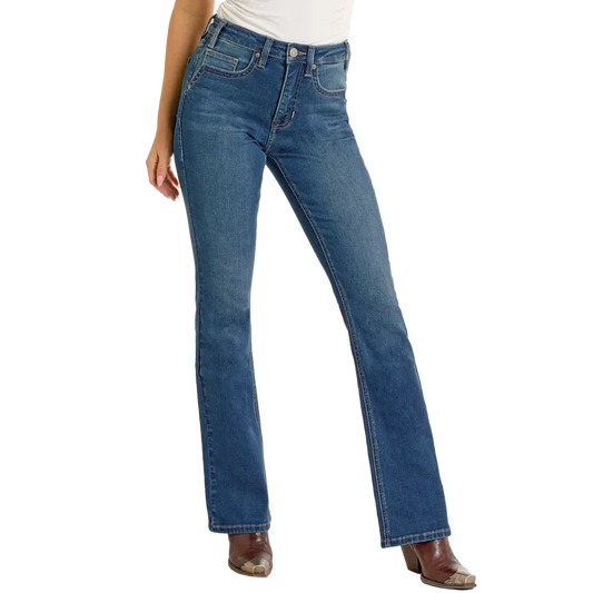 Rock & Roll Women's Two Tone High Rise Boot Cut Jean- Medium Wash