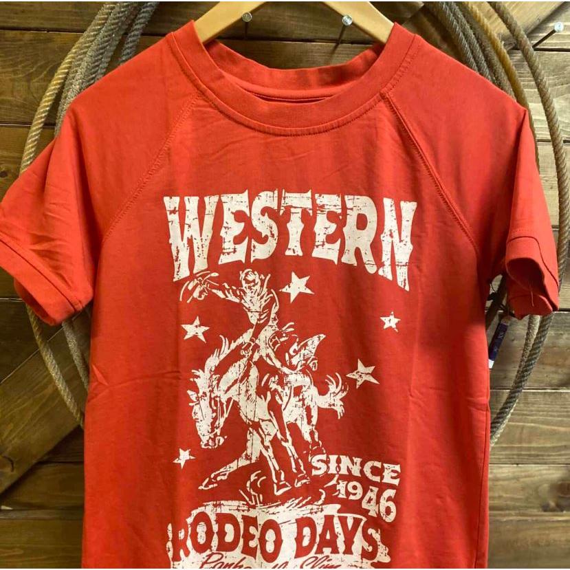 Panhandle Women's Slim 3/4 Boxy Roll Short Sleeve Graphic Tee Shirt- Scarlet