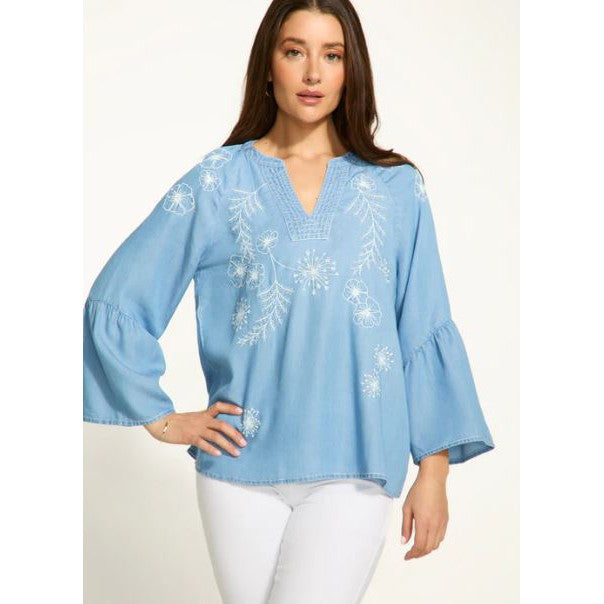 FDJ Women's Long Sleeve Embroidered Chambray Shirt- Indigo