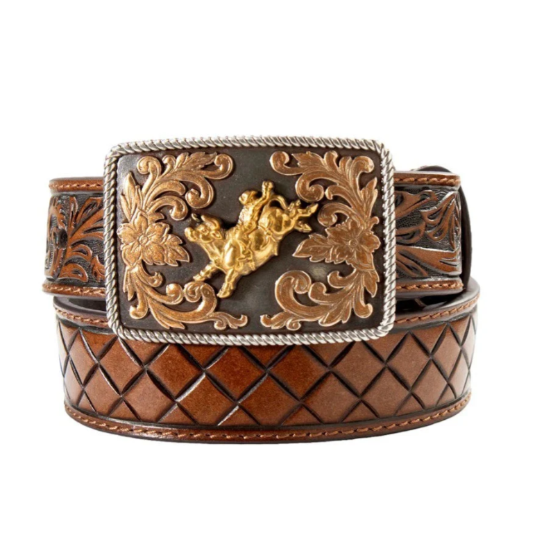 3D Boy's  1 1/4" Floral Tabs Bull Rider Buckle- Brown