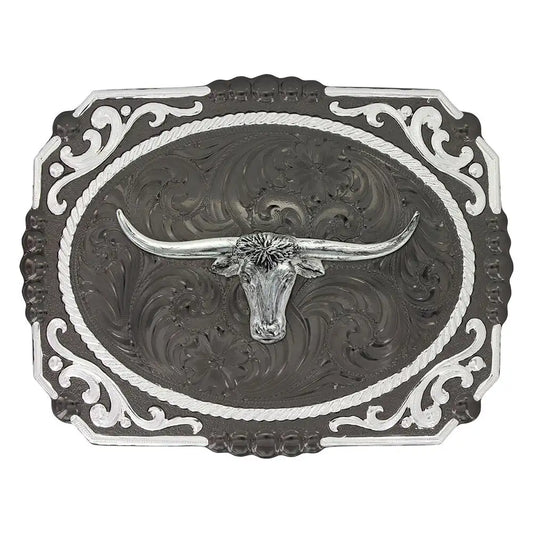 Montana Silversmiths Gunmetal Cameo Filigree Longhorn Steer Buckle