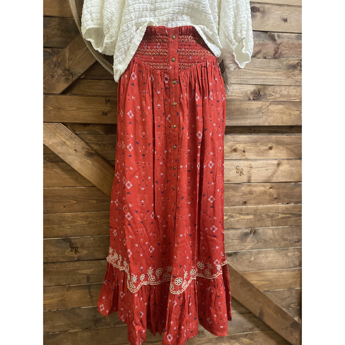 Panhandle Women's Slim Snap Print Skirt-Red