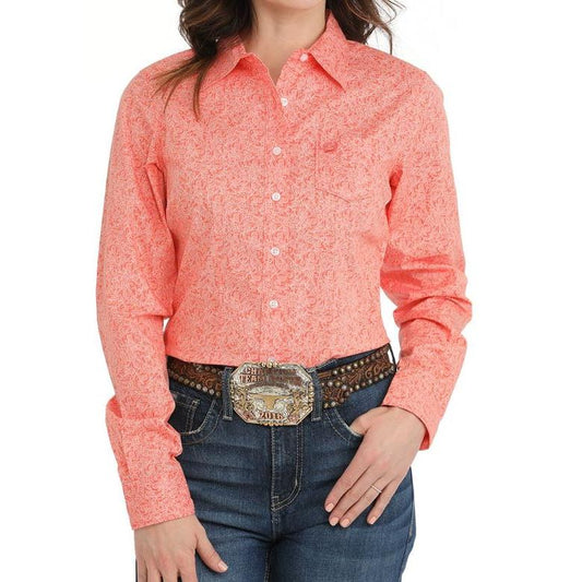 Cinch Women's Long Sleeve Floral Print Shirt- Coral