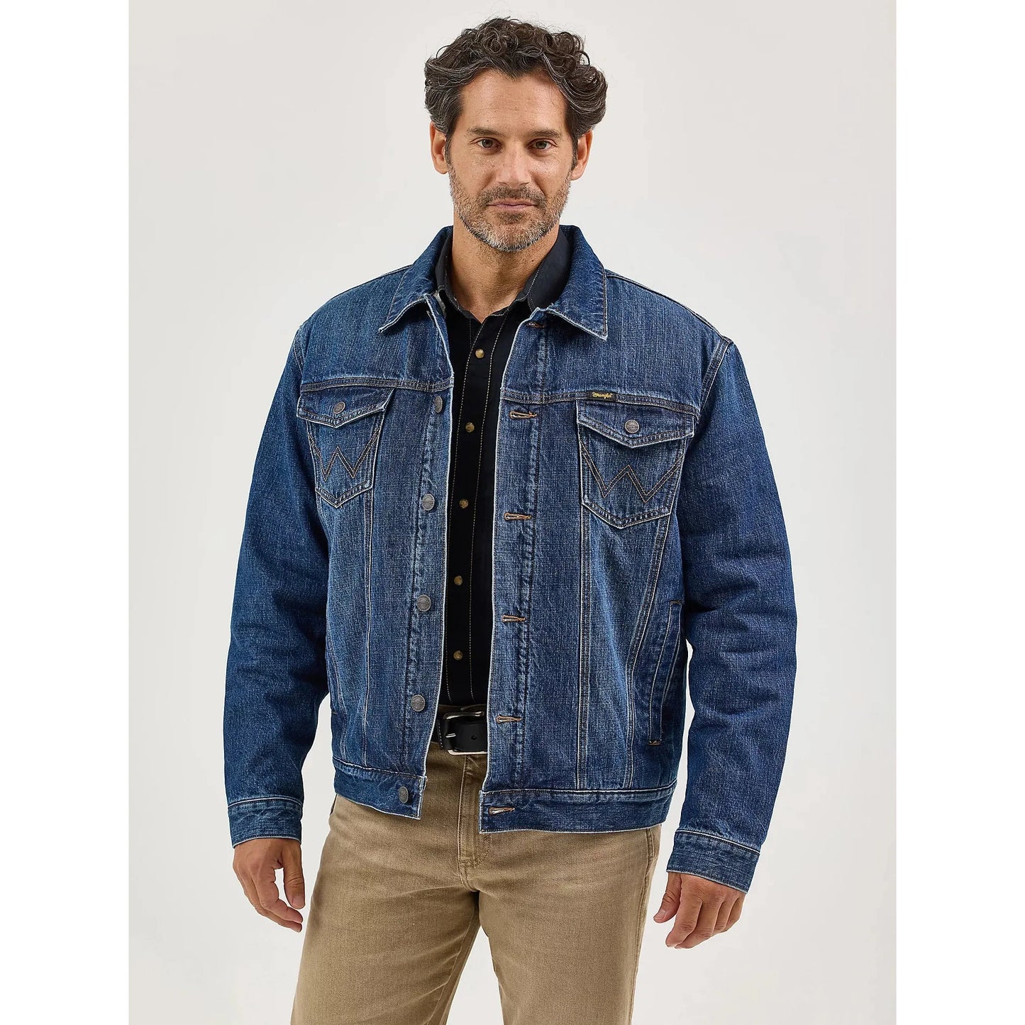 Wrangler Men's Long Sleeve Sherpa Lined Western Denim Jacket- Blue Shadow