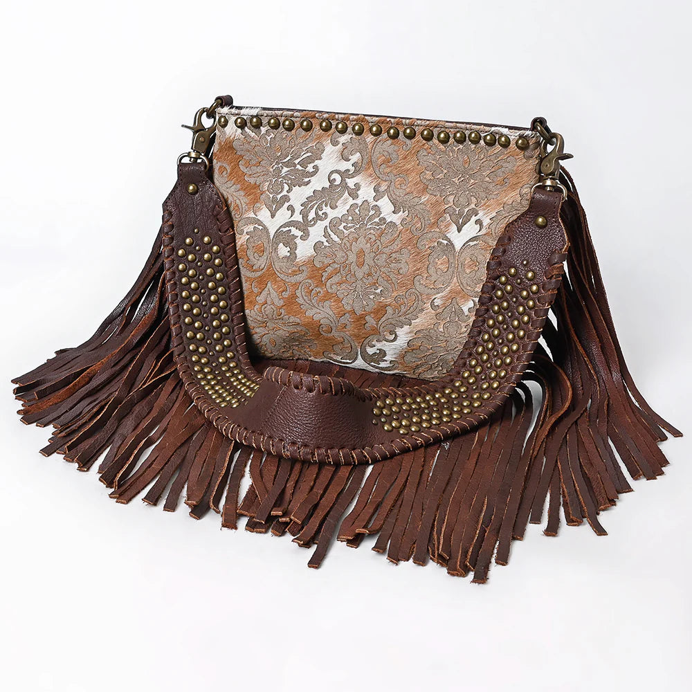 American Darling Women's Leather Western Fringed Crossbody- Brown