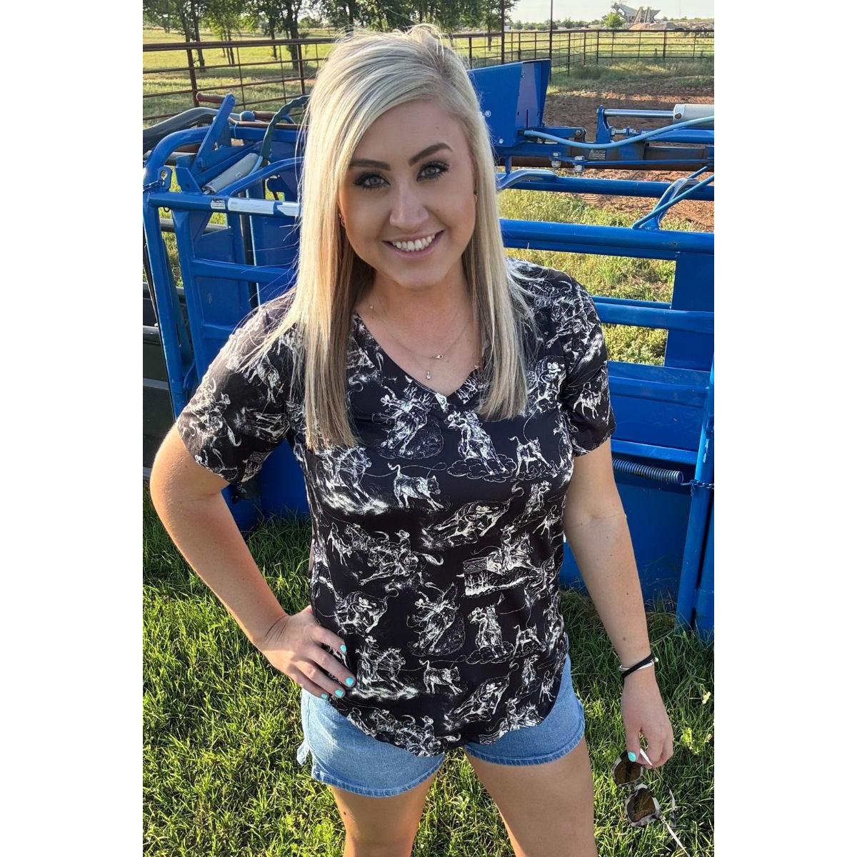 Sterling Kreek Women's Short Sleeve Rodeo Road V Neck Shirt- Black