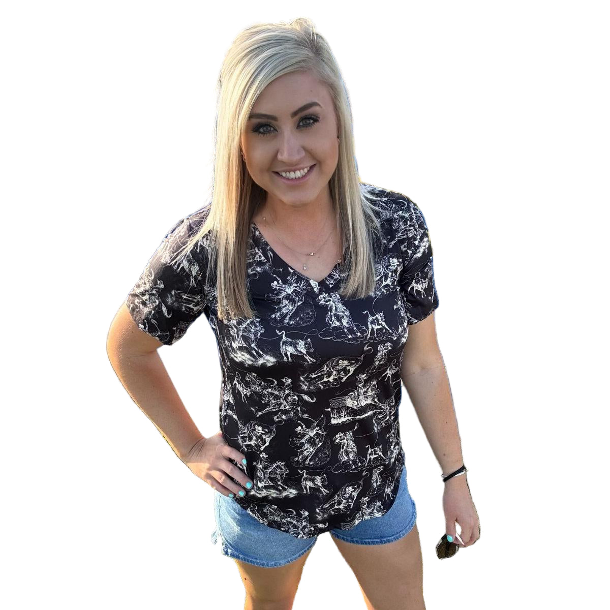 Sterling Kreek Women's Short Sleeve Rodeo Road V Neck Shirt- Black