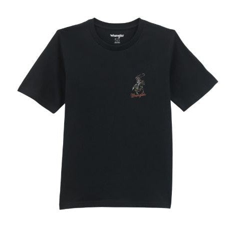 Wrangler Boy's Short Sleeve Line Drawn Roping Cowboy Tee Shirt- Jet Black